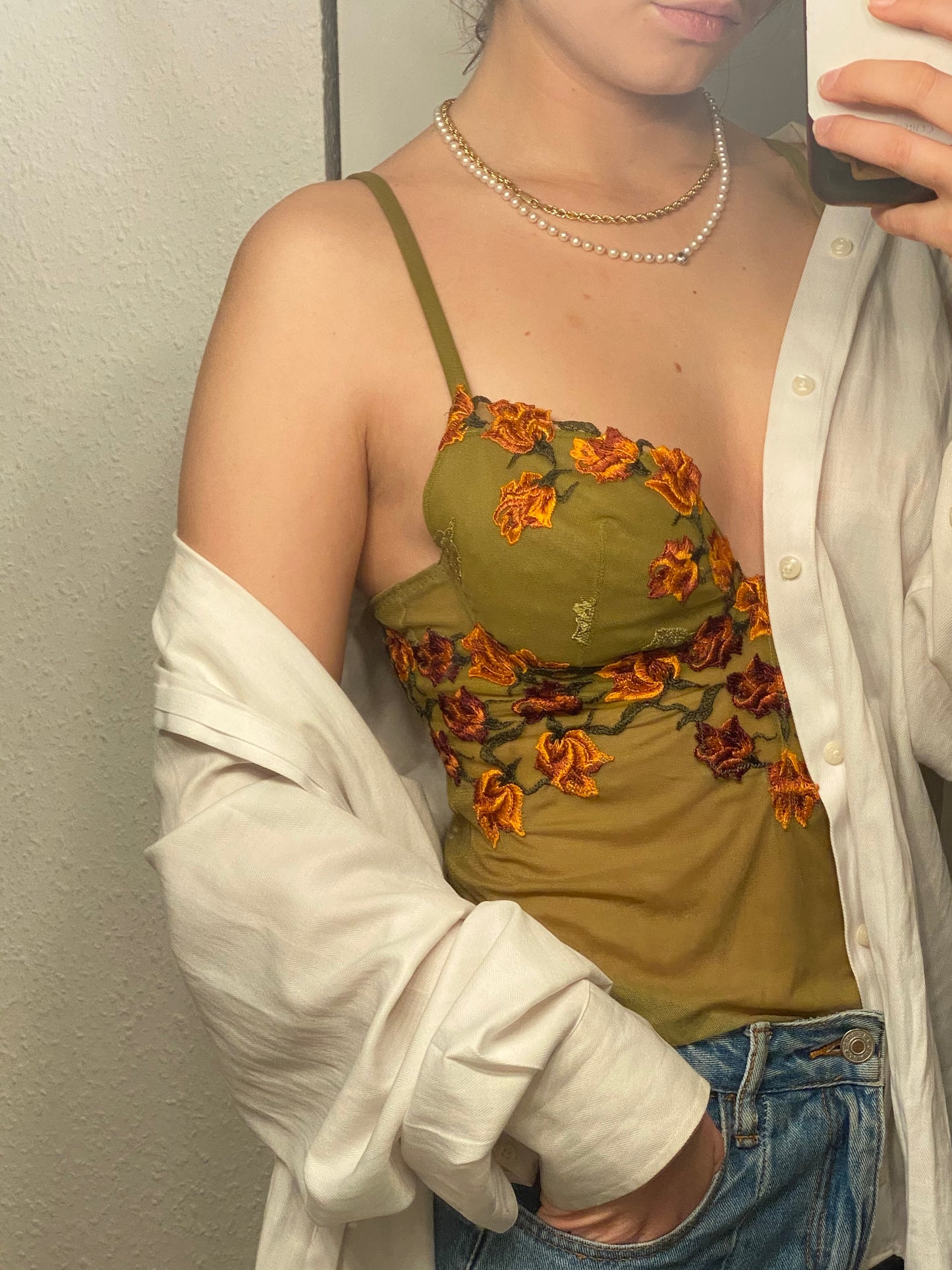 Vintage Korsett Grün mit Blumen Stickerei