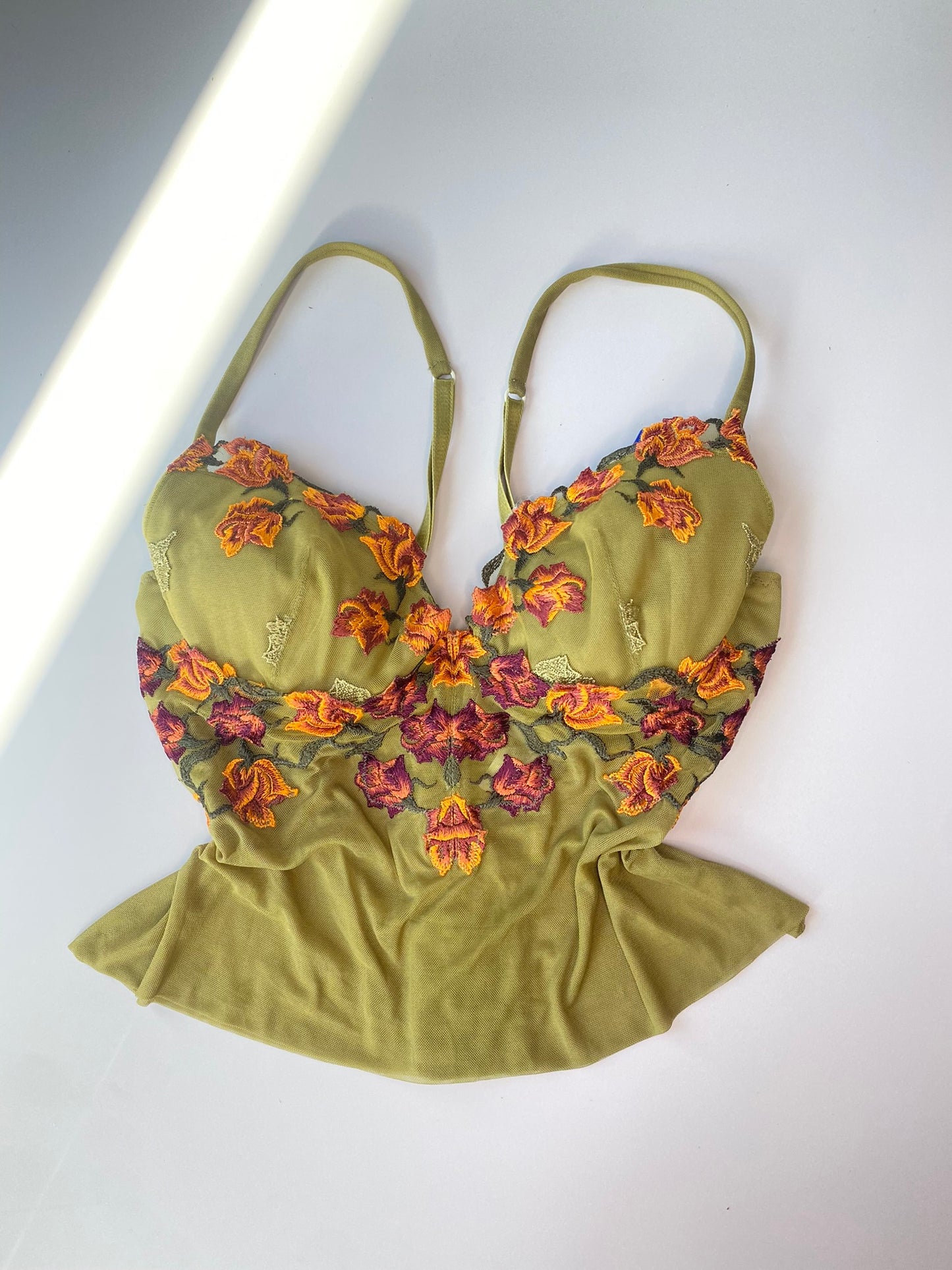 Vintage Korsett Grün mit Blumen Stickerei