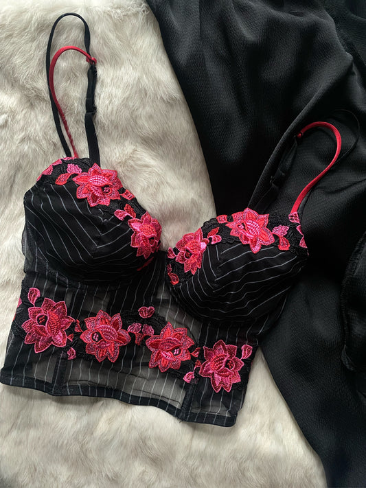 Vintage Korsett mit pinken Blumen und Nadelstreifen 75B