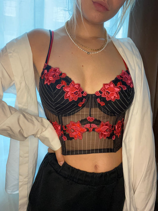 Vintage Korsett mit pinken Blumen und Nadelstreifen 75B