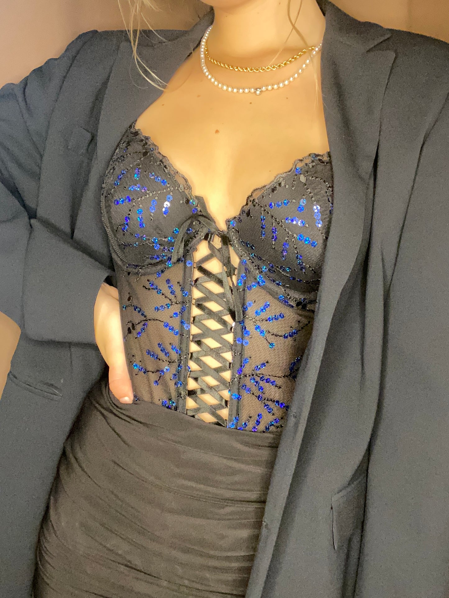 Vintage Korsett schwarz mit blauen Pailetten